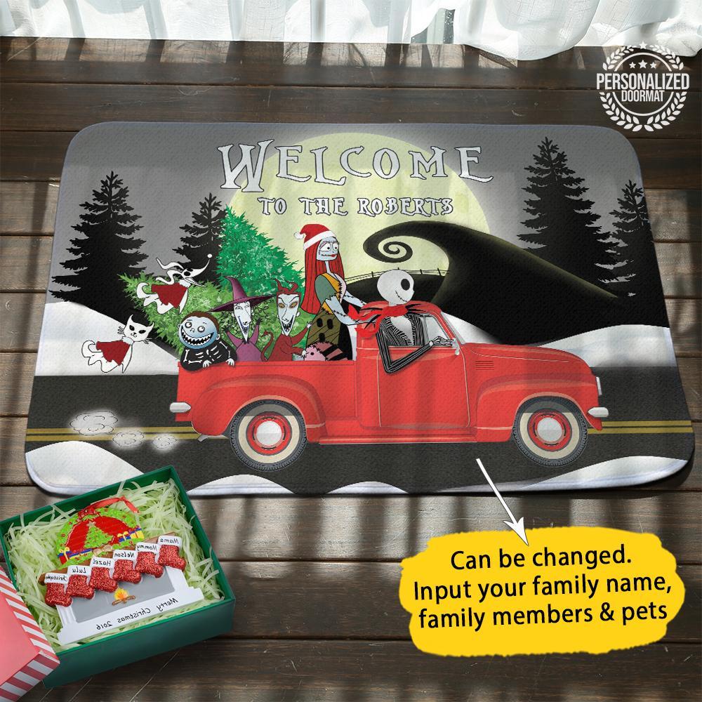 Christmas jack and sally on truck welcome to the robert doormat gray- maria