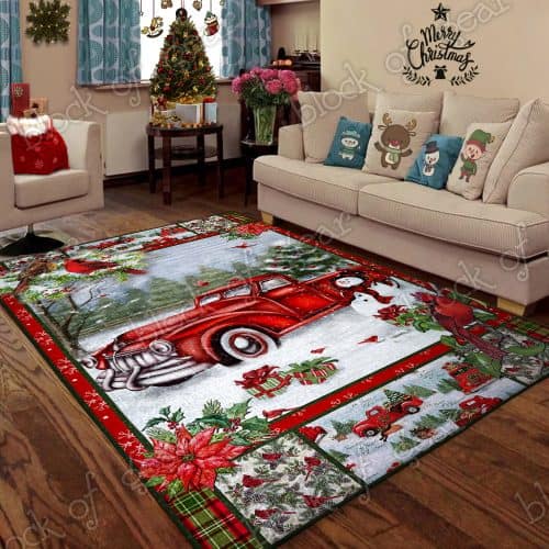 Christmas red truck snowy cardinals living room rug 2