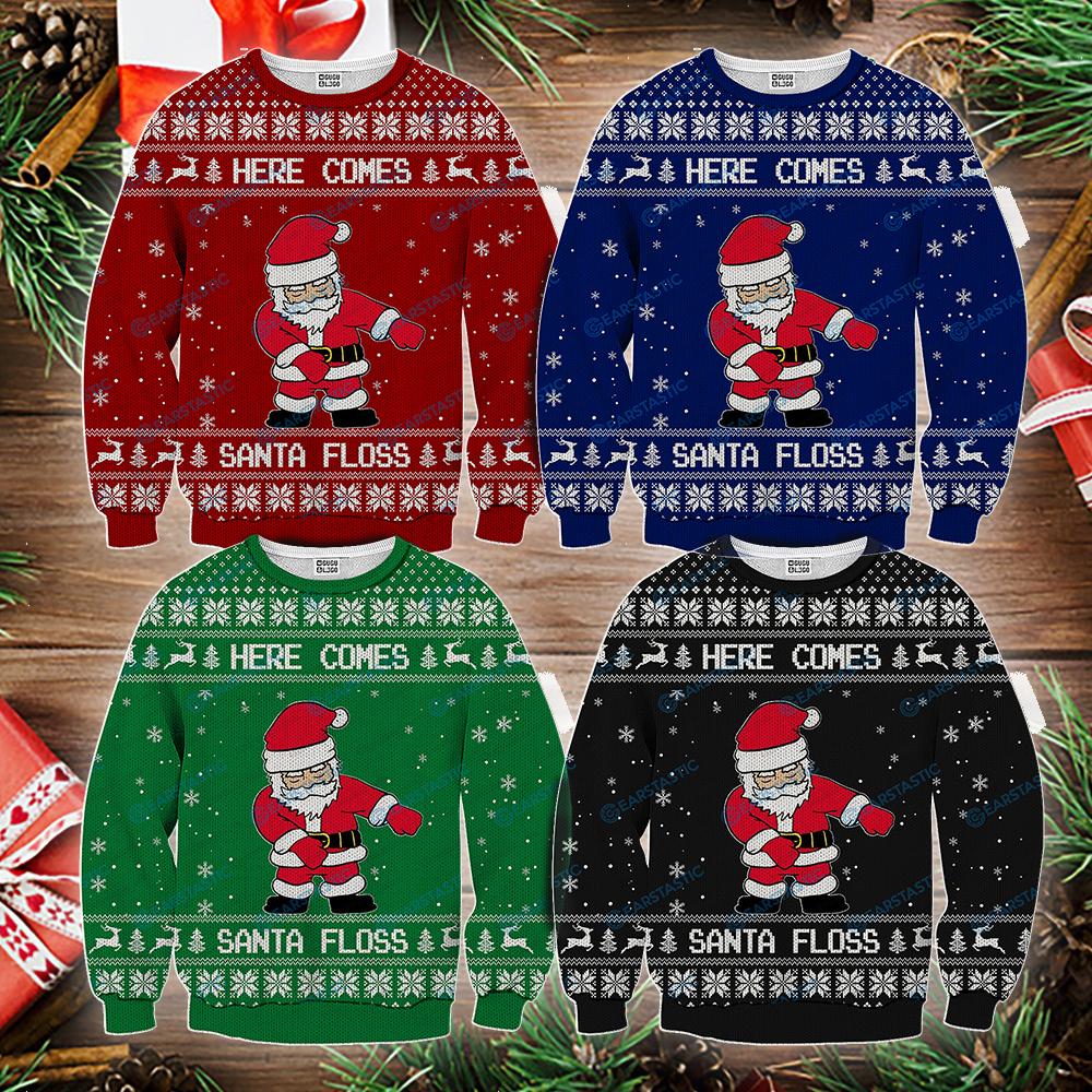 Here comes santa floss ugly christmas sweater - maria