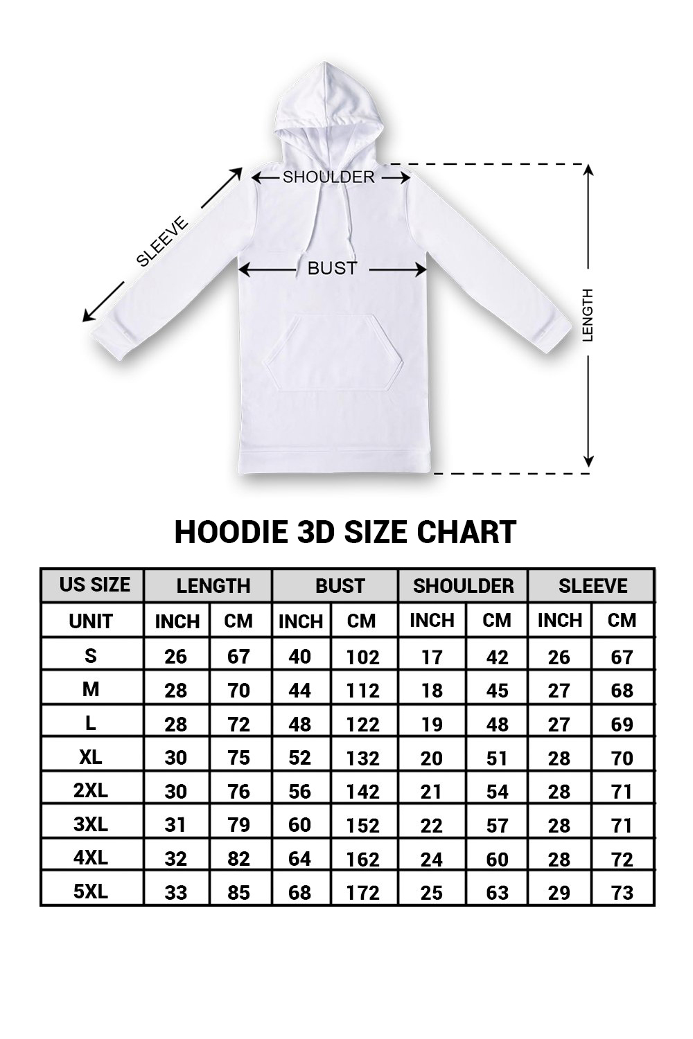 Hoodie 3D size chart