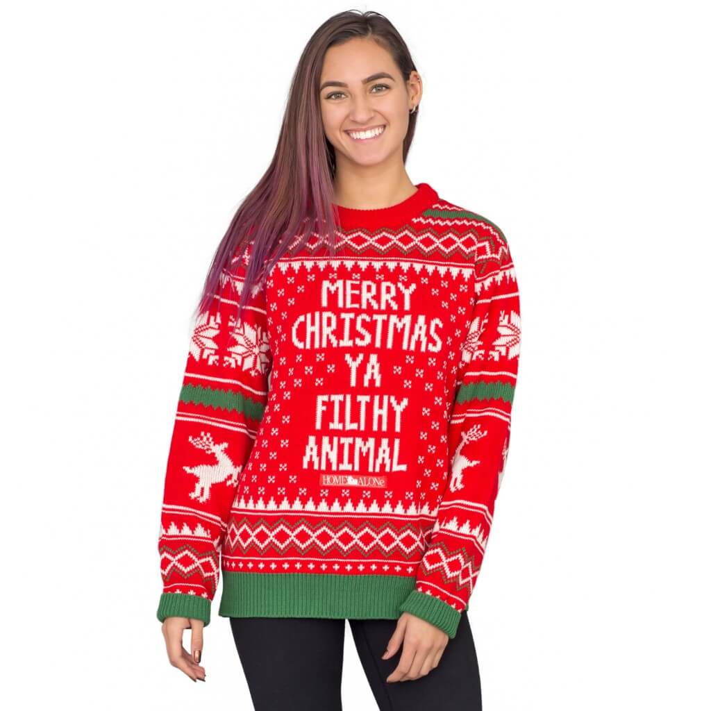 Merry christmas ya filthy animal snowflake and reindeer ugly christmas sweater - front