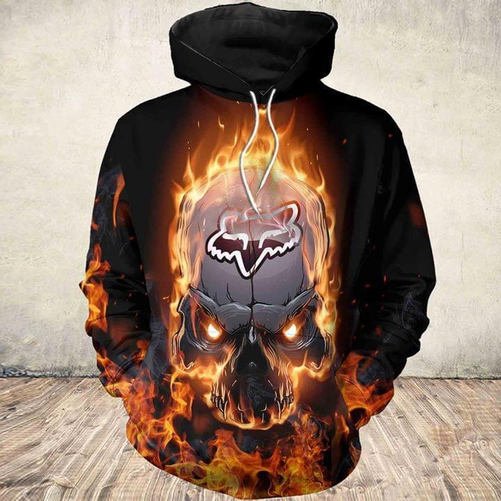 Skull on fire fox racing all over print hoodie - maria
