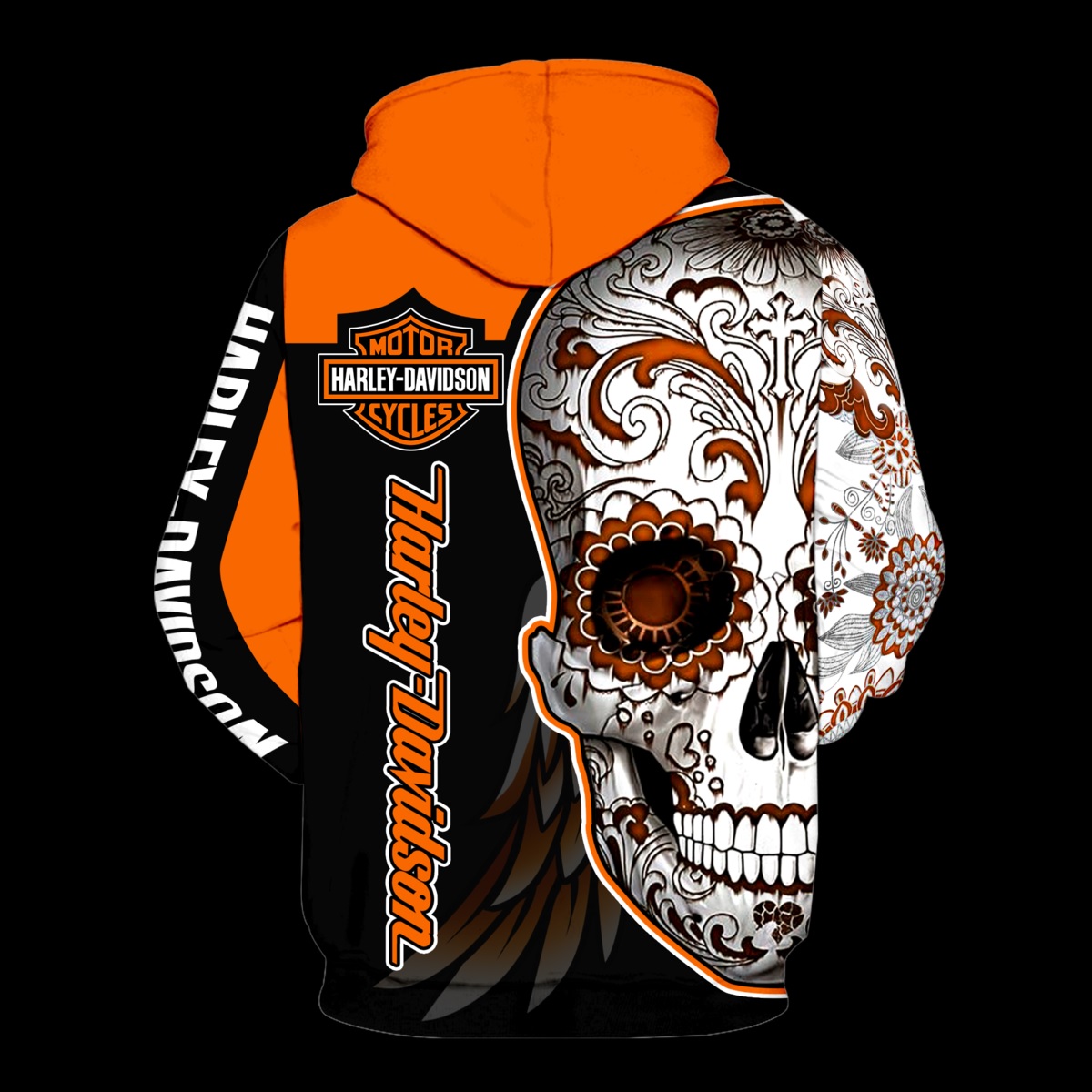 Sugar skull harley-davidson motorcycle all over print hoodie - back