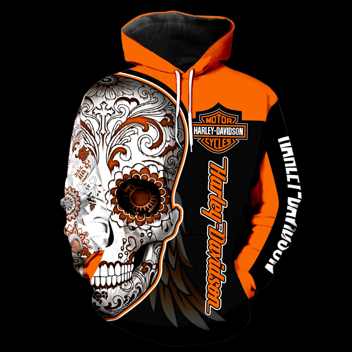 Sugar skull harley-davidson motorcycle all over print hoodie - front