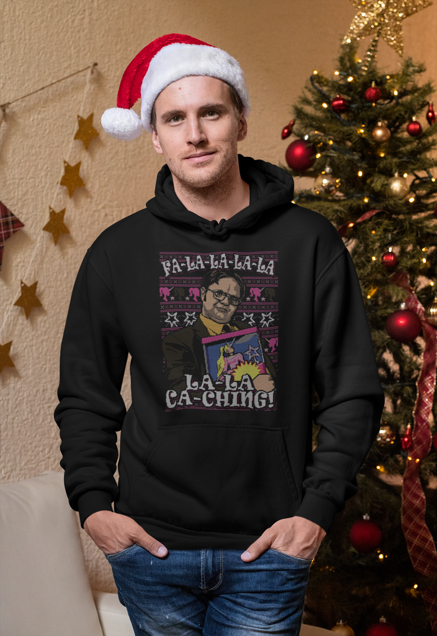 Dwight Schrute fa la la ca ching ugly Christmas hoodie