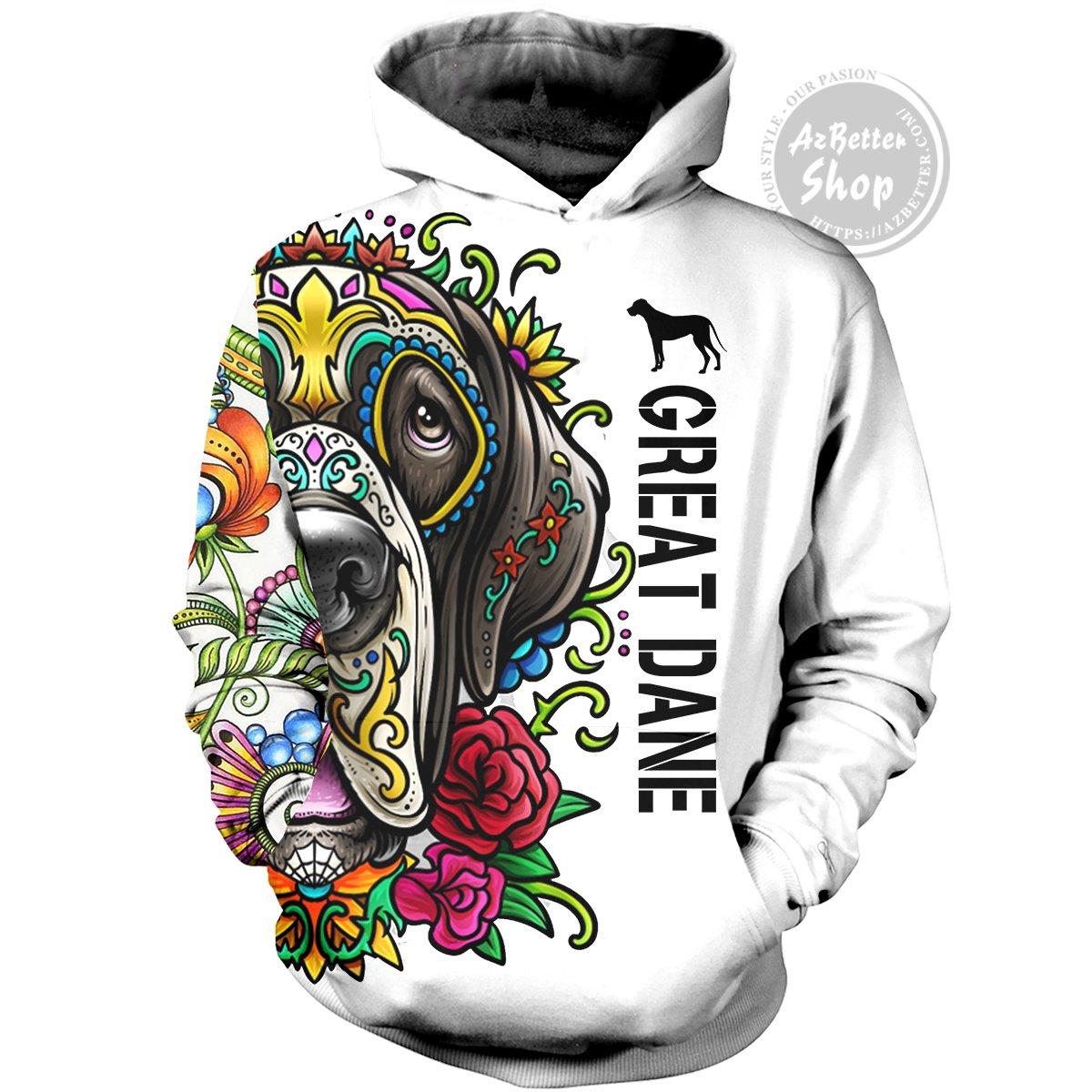 Great dane day of the dead sugar skull dog 3d hoodie