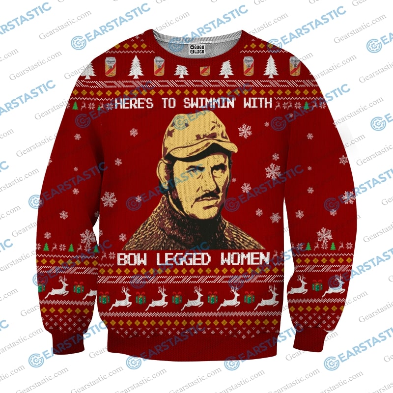 Here to swimmin’ with bow legged women quint from jaws ugly christmas sweater 4