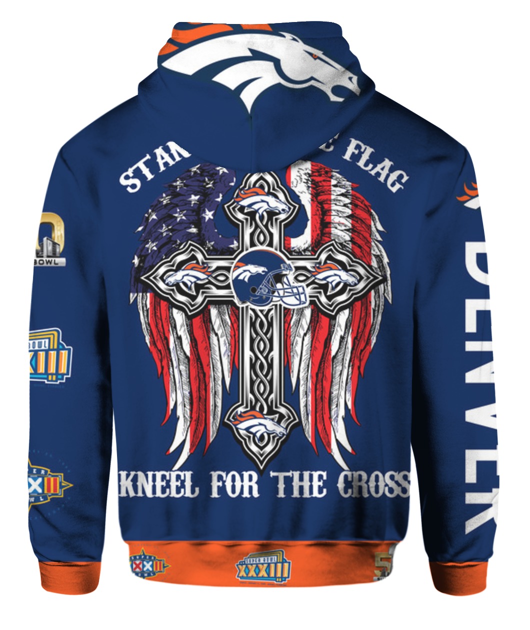 Stand for the flag kneel for the cross denver broncos all over print hoodie - back