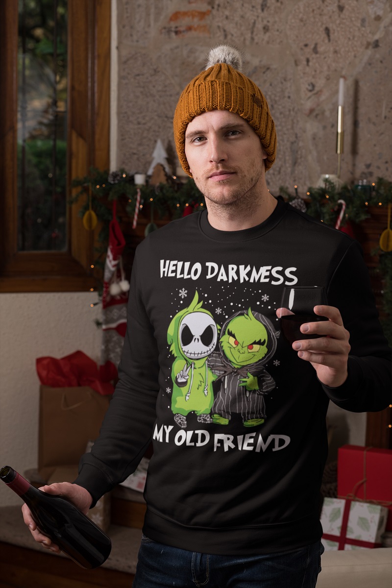 Baby Jack Skellington and Grinch hello darkness my old friend sweater