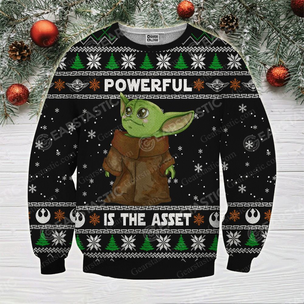 Baby yoda powerful is the asset ugly christmas sweater 1