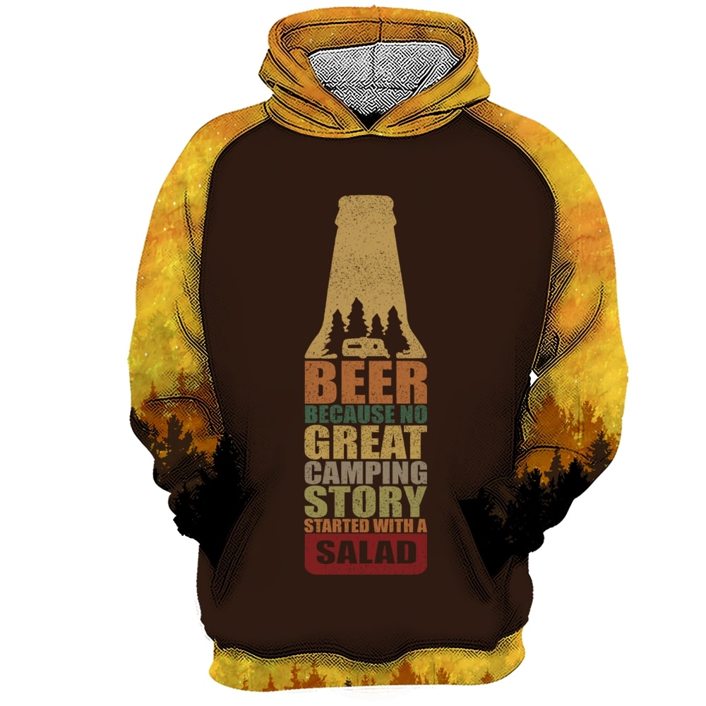 Bear beer because no great camping story with a salad all over printed hoodie