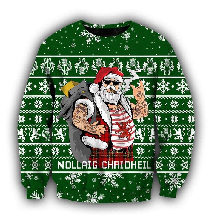 Scottish gangster santa full printing ugly christmas sweater - green
