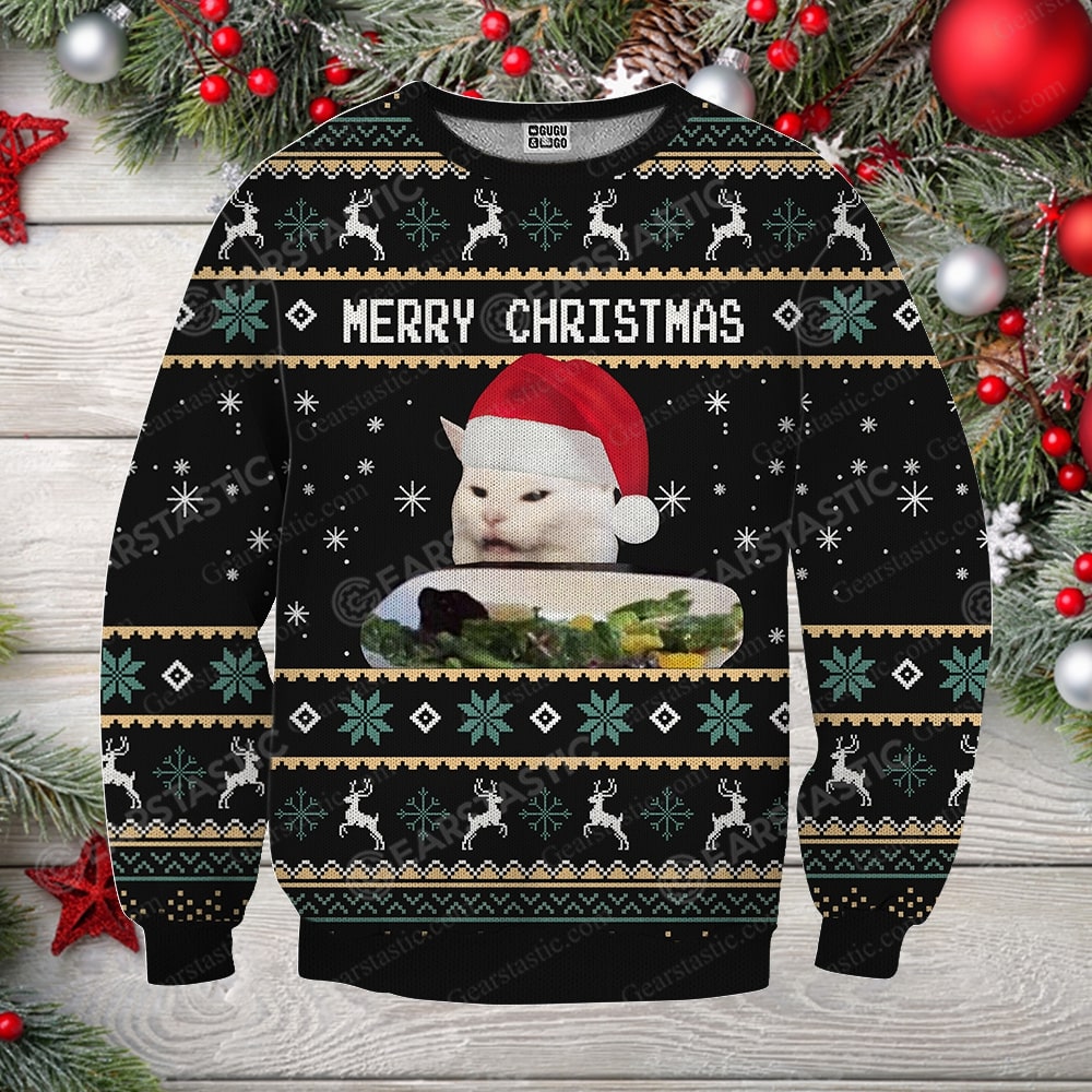 Woman yelling at cat full printing ugly christmas sweater 1