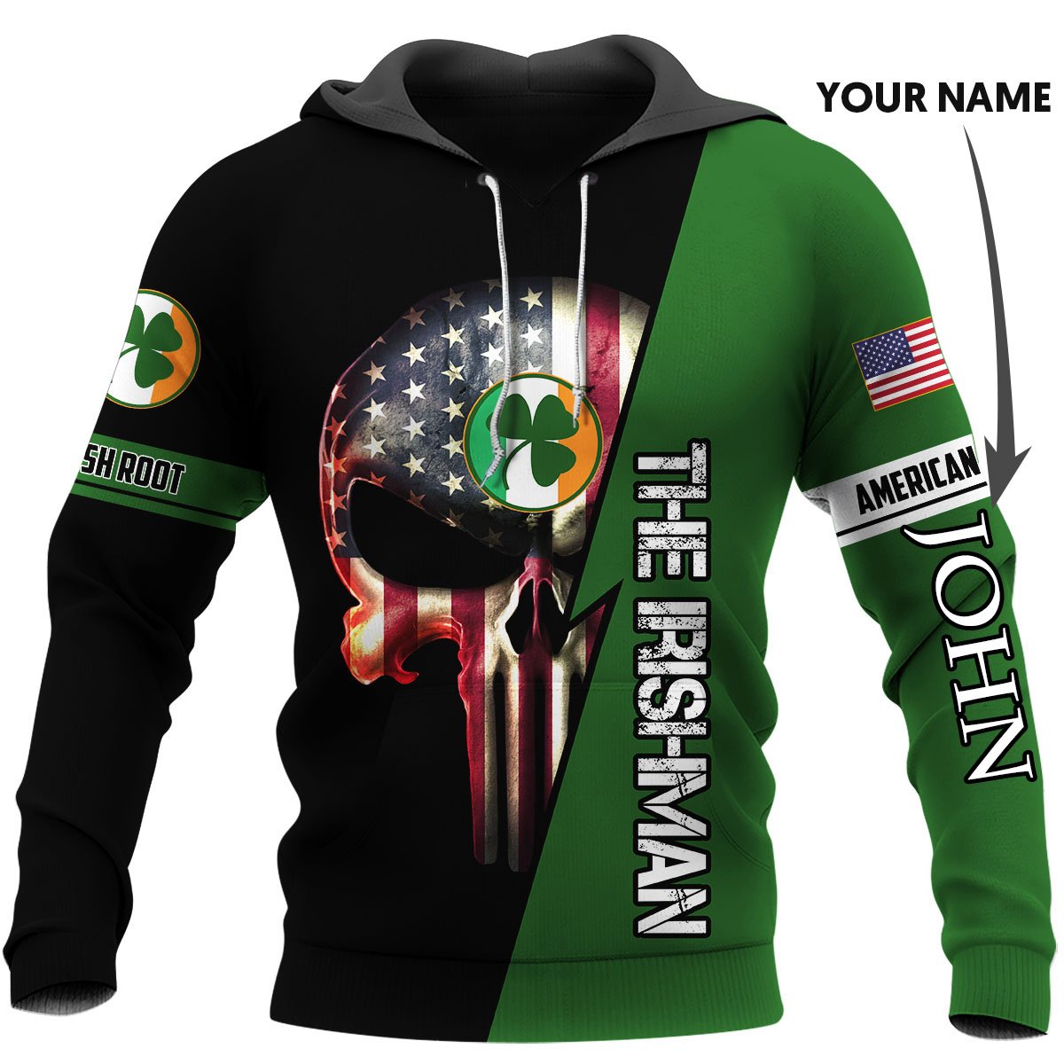 Personalized irish american skull full printing hoodie