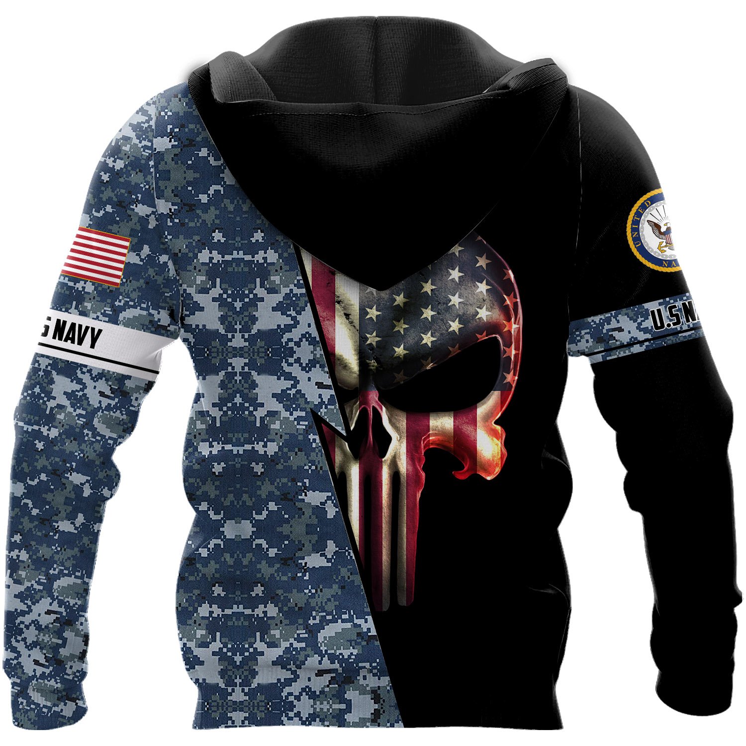 Personalized us navy skull full printing hoodie - back