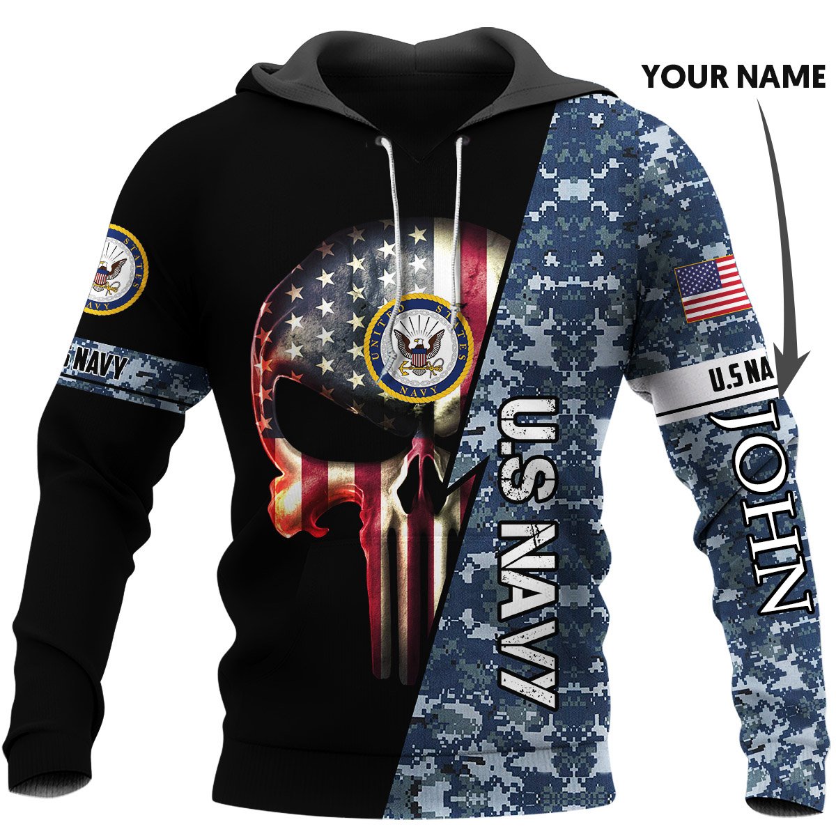 Personalized us navy skull full printing hoodie