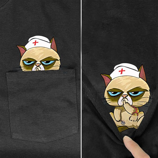 Funny Grumpy Cat Nurse Pocket T-Shirt