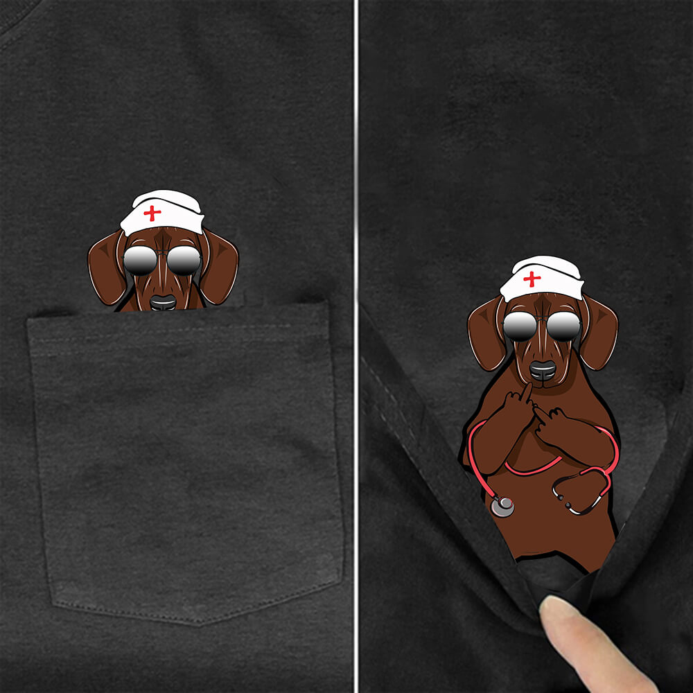 Funny Grumpy Dachshund Nurse Pocket T-Shirt