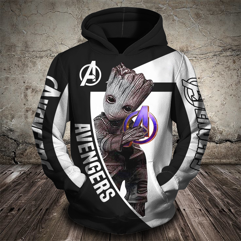 Groot hug avengers logo all over printed hoodie