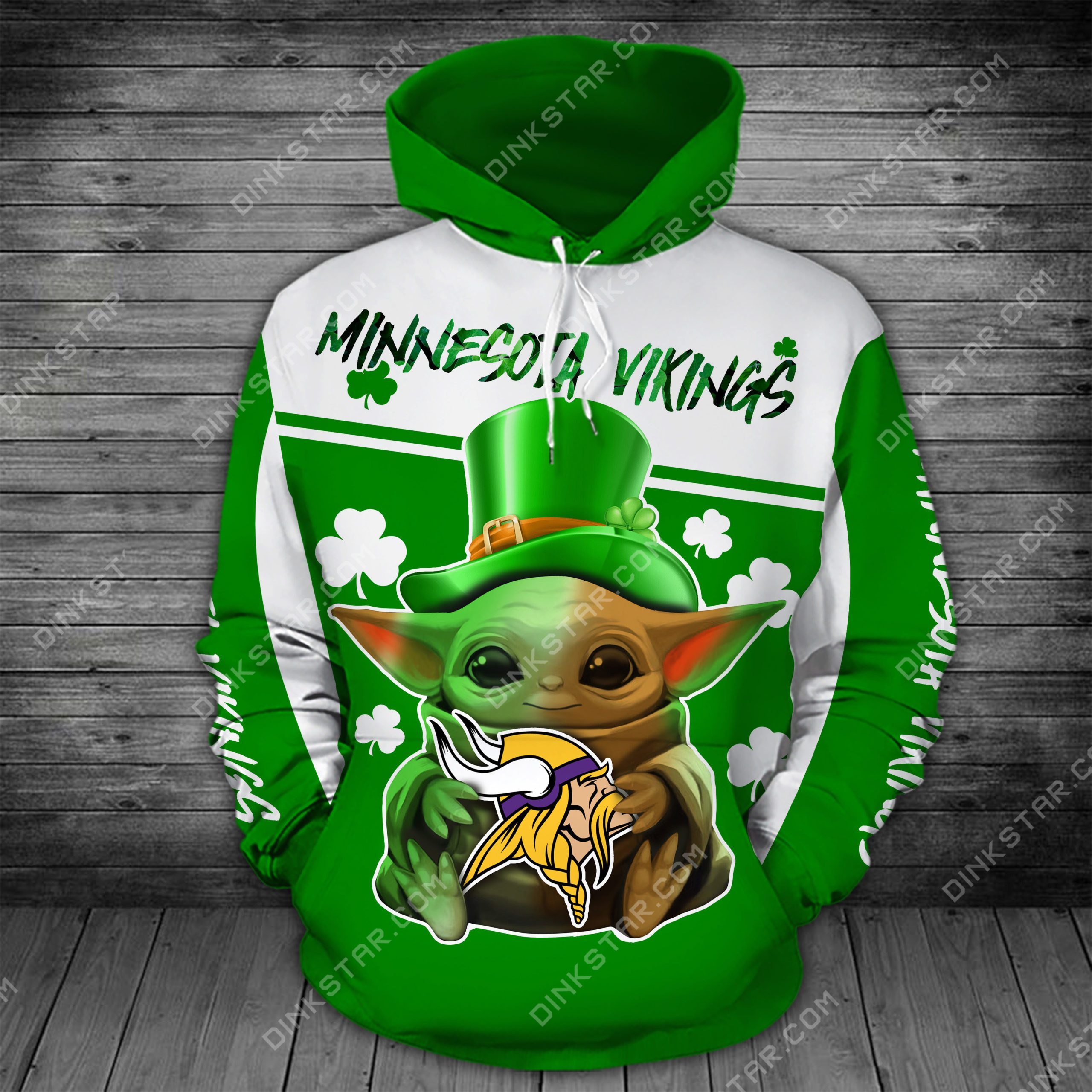 Minnesota vikings baby yoda saint patrick's day full printing hoodie