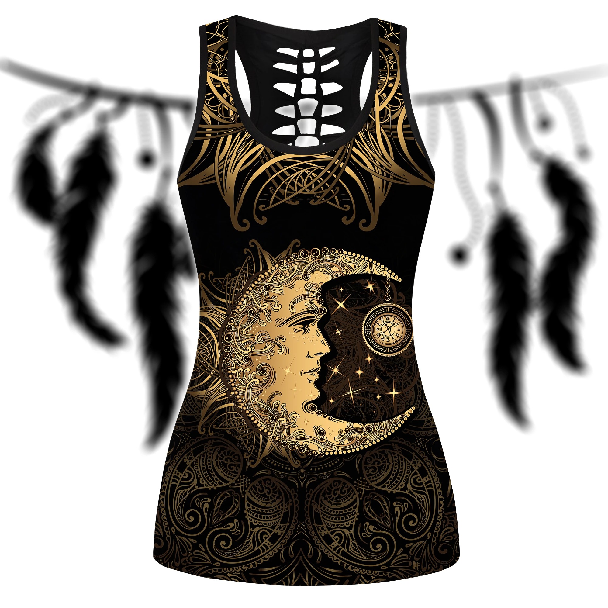Golden Crescent Moon And Sun With Elements Of The Mandala Hollow Tank Top 3d