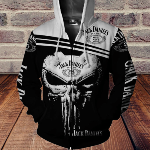 Skull Jack Daniel ove print 3d zip hoodie