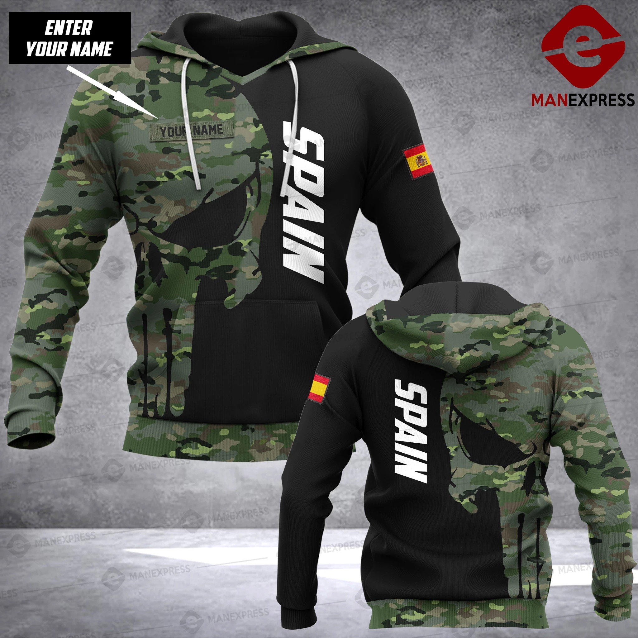 Spain Punisher Skull Camo Customize Custom Name 3d All Over Print Hoodie