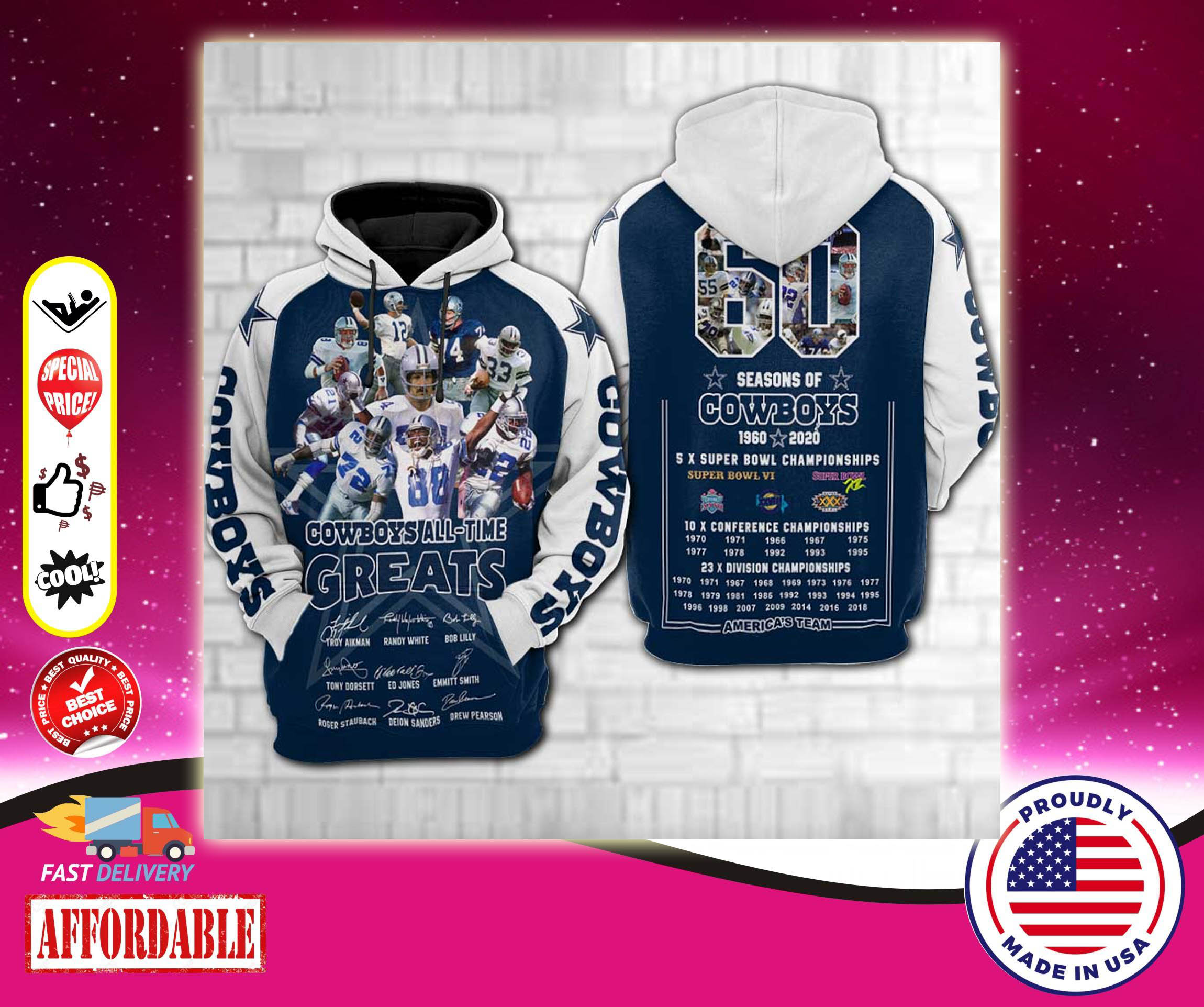 Dallas Cowboys all time greats 3d hot hoodie