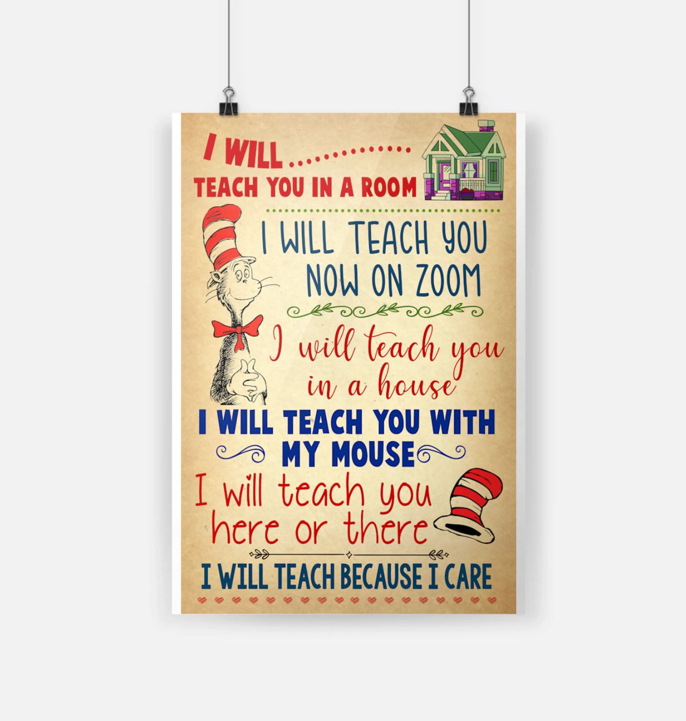 Dr Seuss I will teach you in a room I will teach you now on Zoom poster