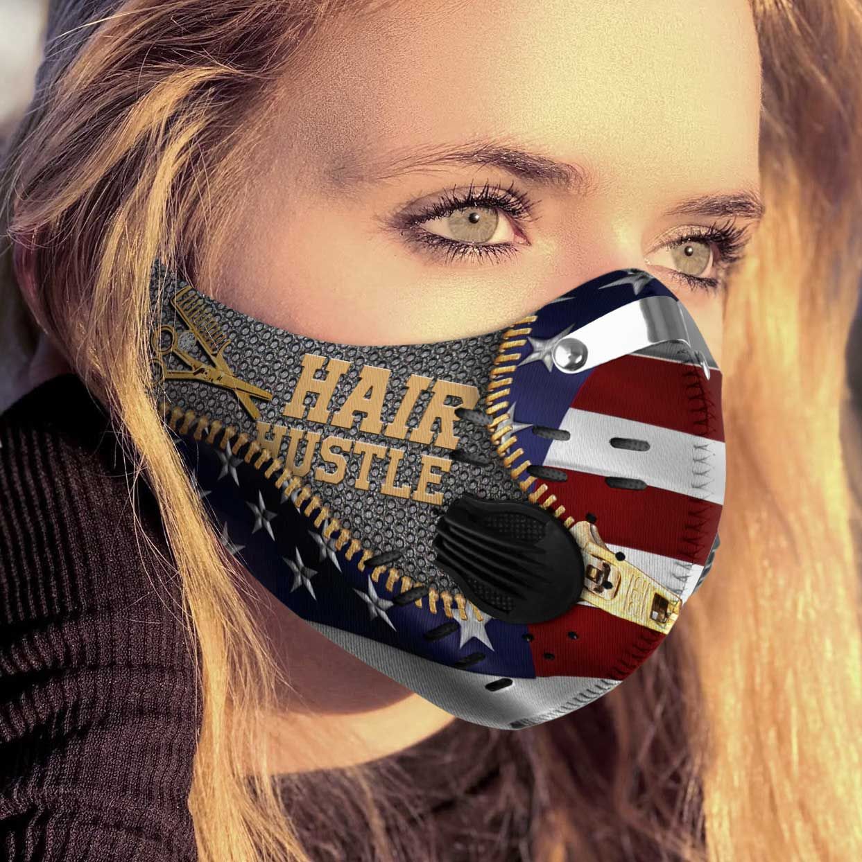 Hairstylist hair hustle american flag carbon pm 2.5 face mask