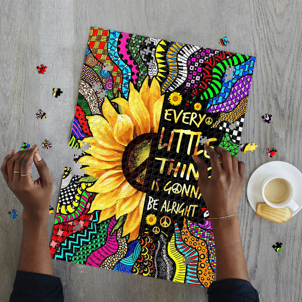 Sunflower Every Little Thing Is Gonna Be Alright Hippie Jigsaw Puzzle 1