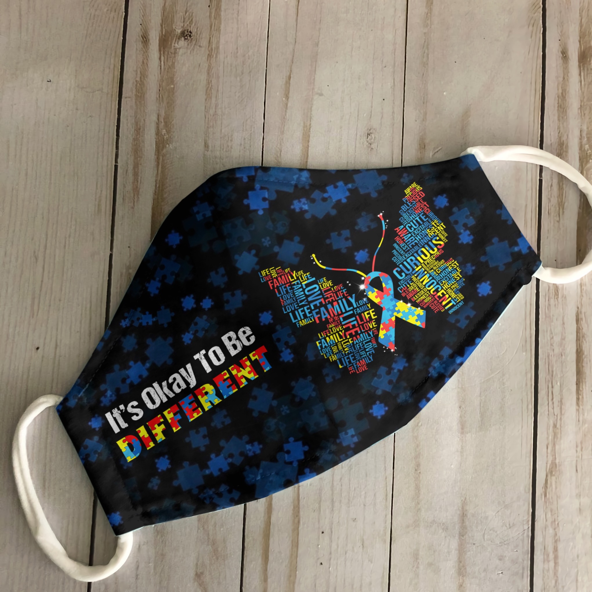 Autism butterfly it's okay to be different face mask - detail