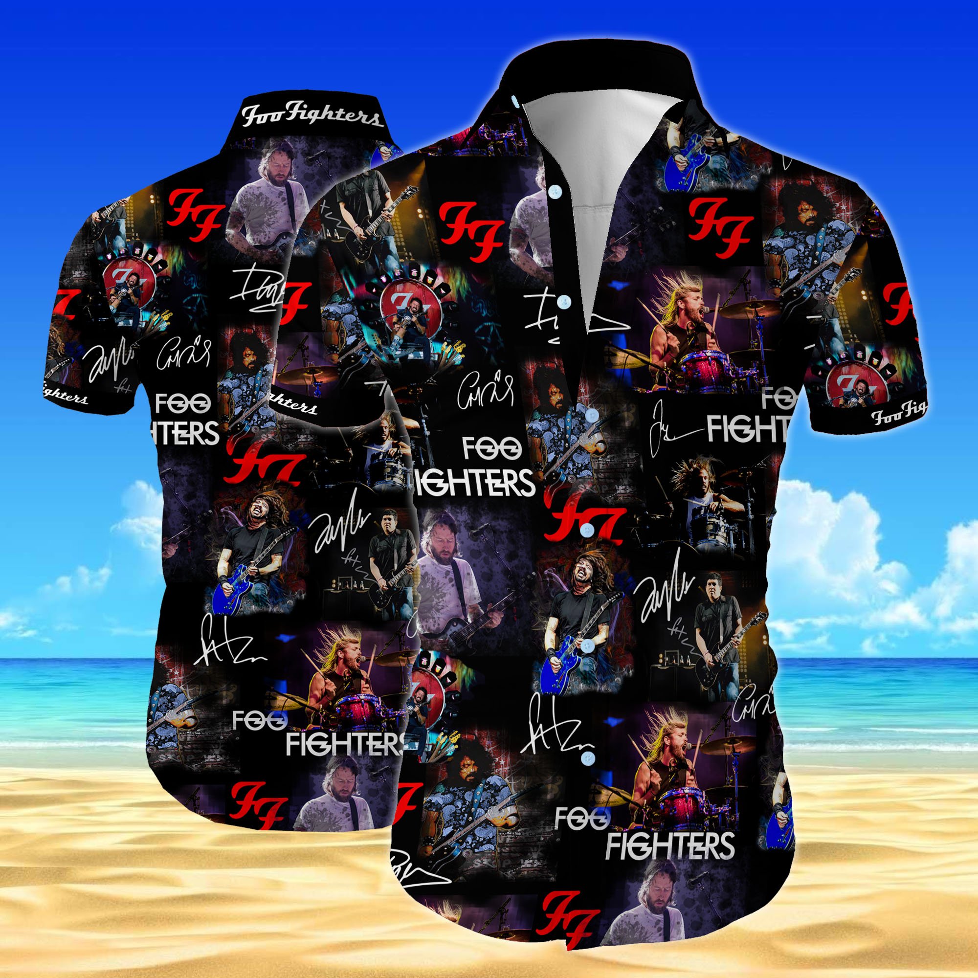 Foo fighters all over printed hawaiian shirt