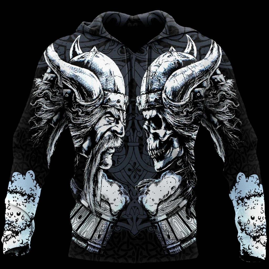 Love beer skull and viking 3d all over printed hoodie
