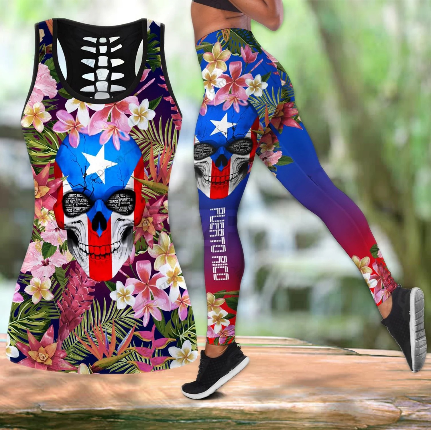 Puerto rico floral skull legging and hollow tank top