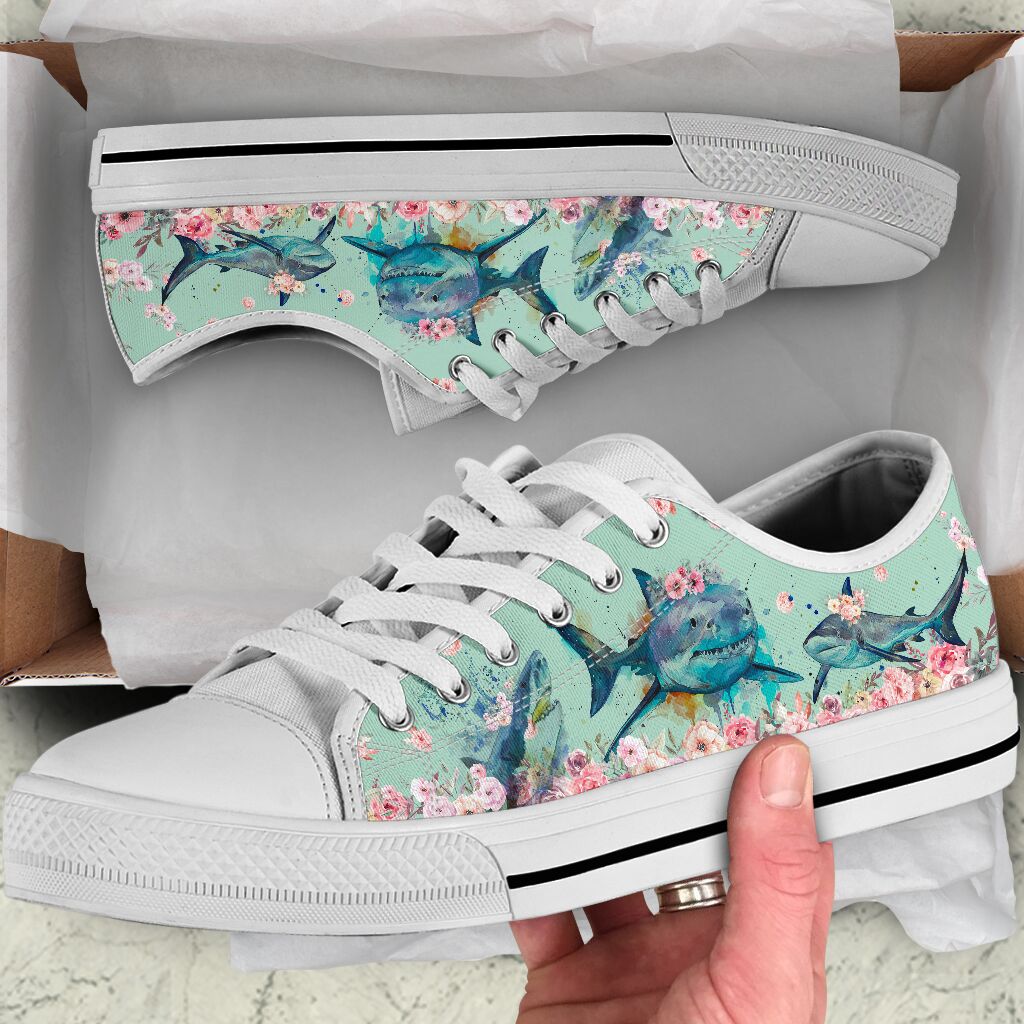 Shark Floral Watercolor Art Low Top Shoes 3