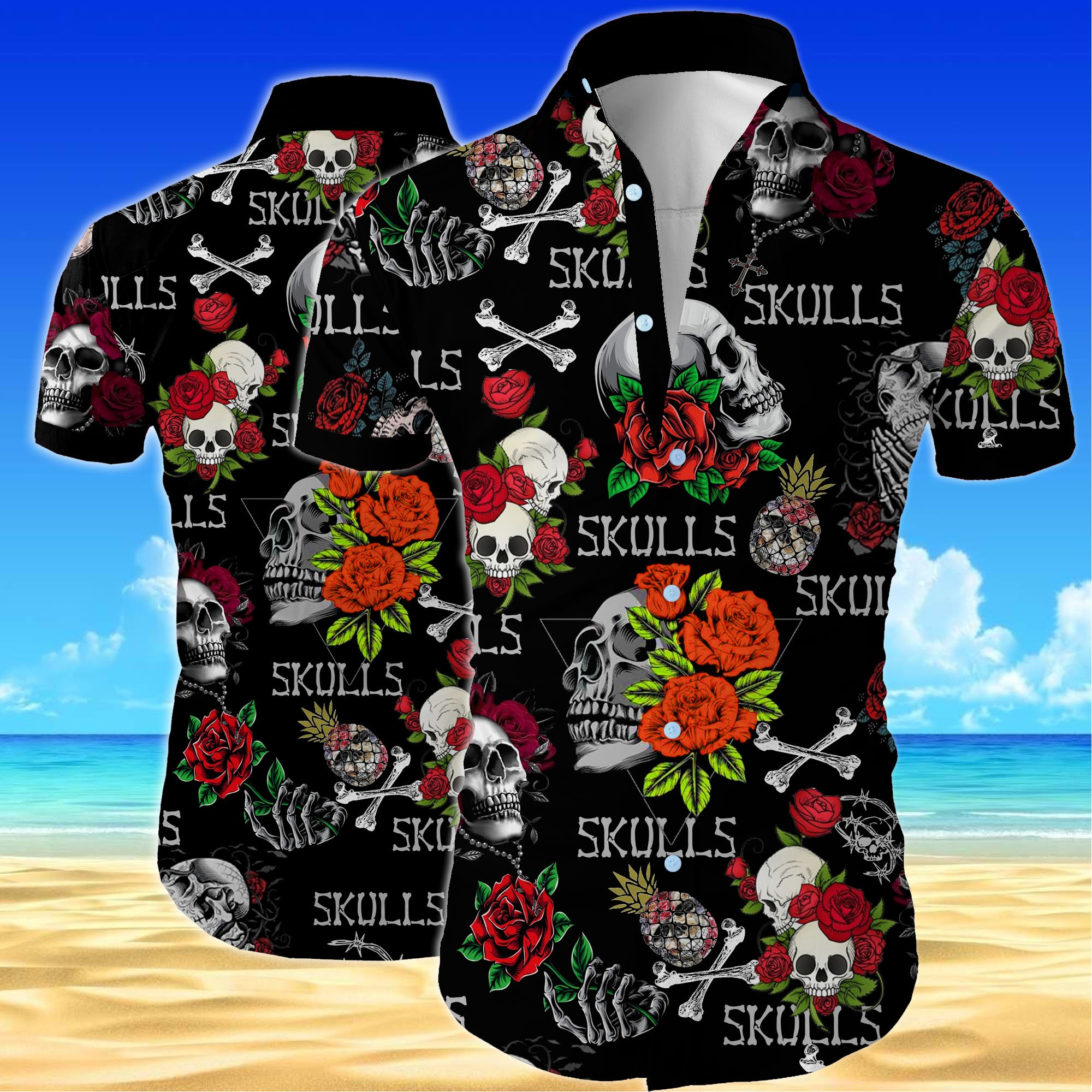 Skull and roses all over printed hawaiian shirt