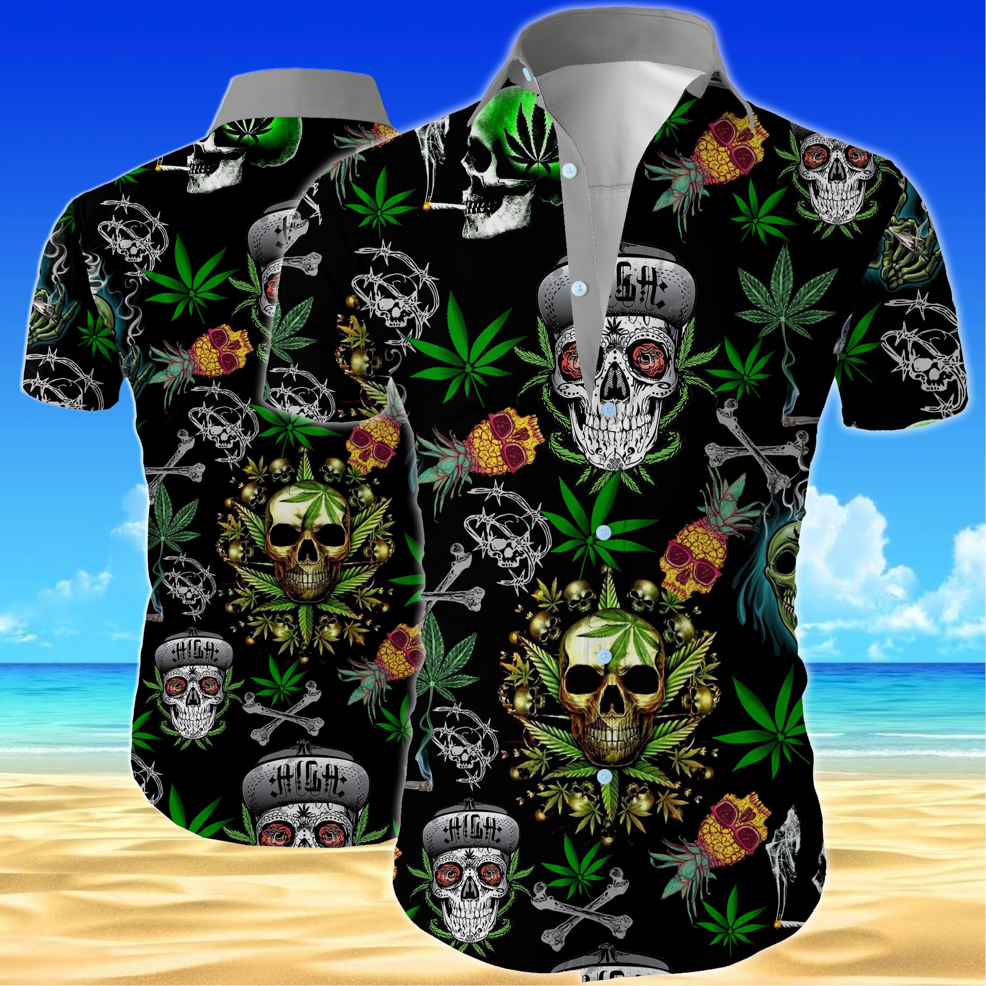 Skull cannabis all over printed hawaiian shirt