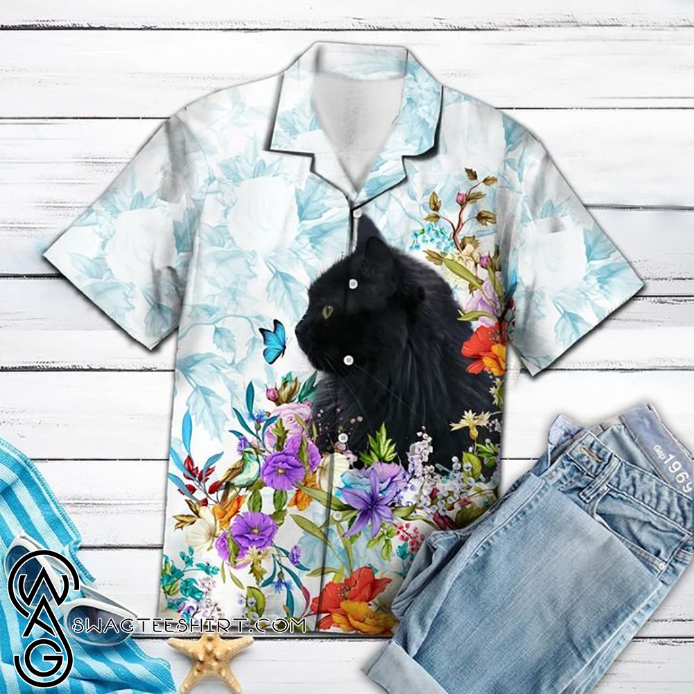 Black cat flower hawaiian shirt
