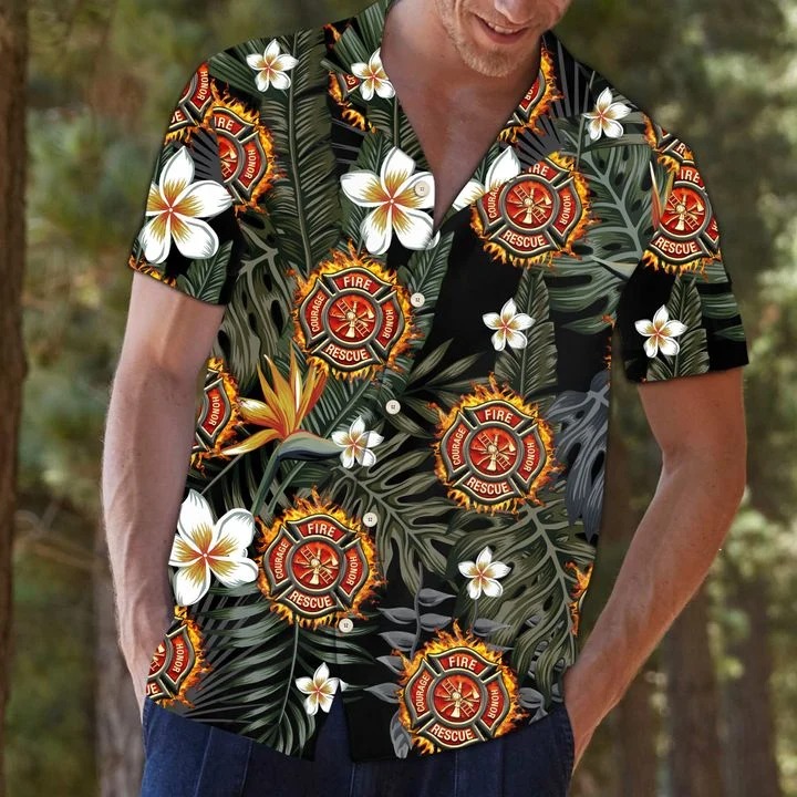 Firefighter Tropical Short Sleeve Button Hawaiian Shirt