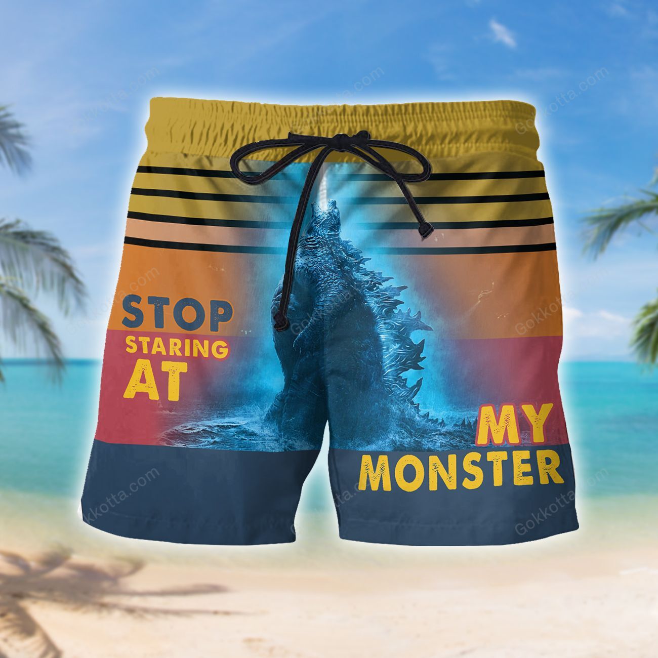 Godzilla Stop staring at my monster beach shorts