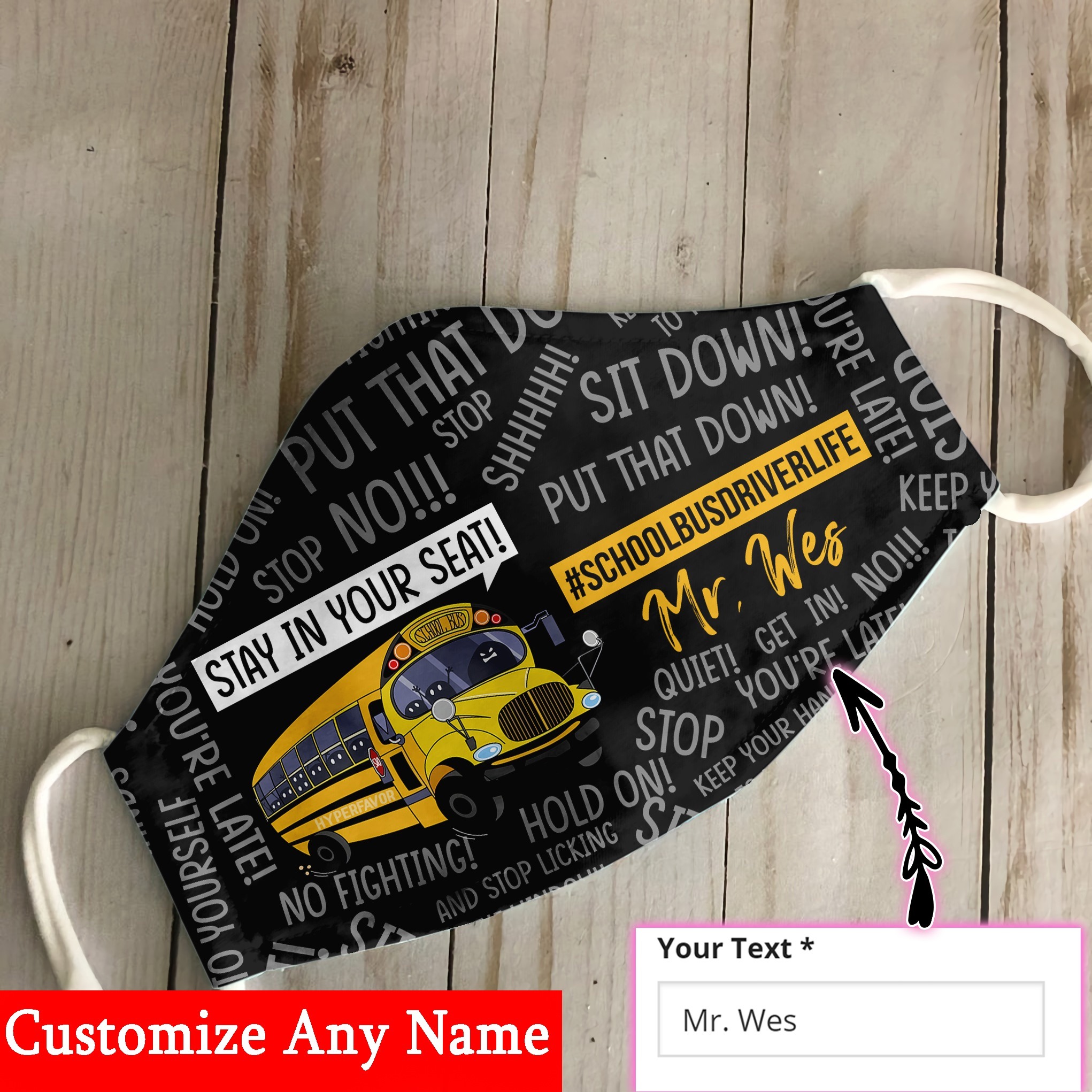 Personalized name custom school bus driver face mask - detail