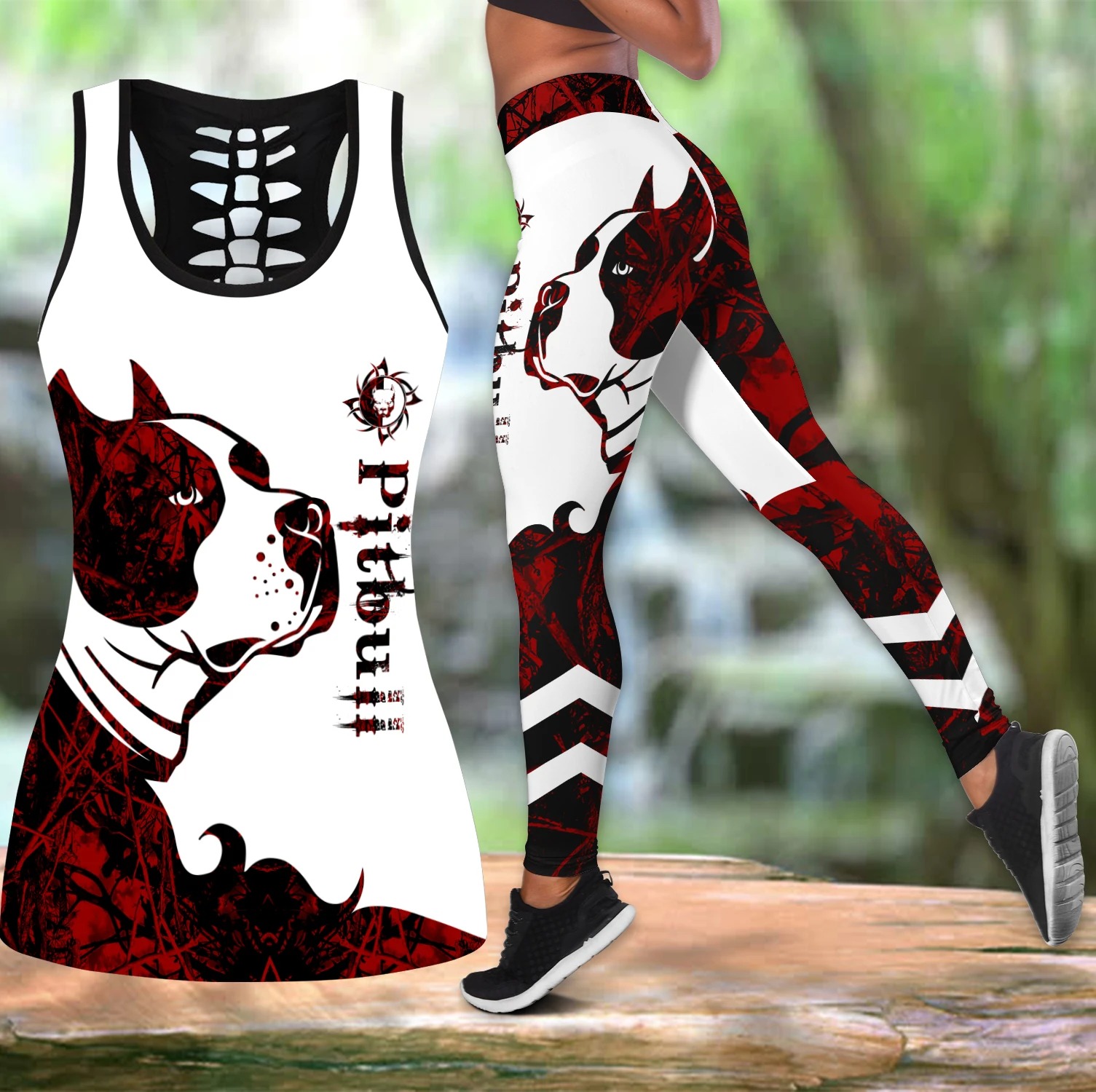 Pitbull red tattoos legging and hollow tank – Hothot 240720