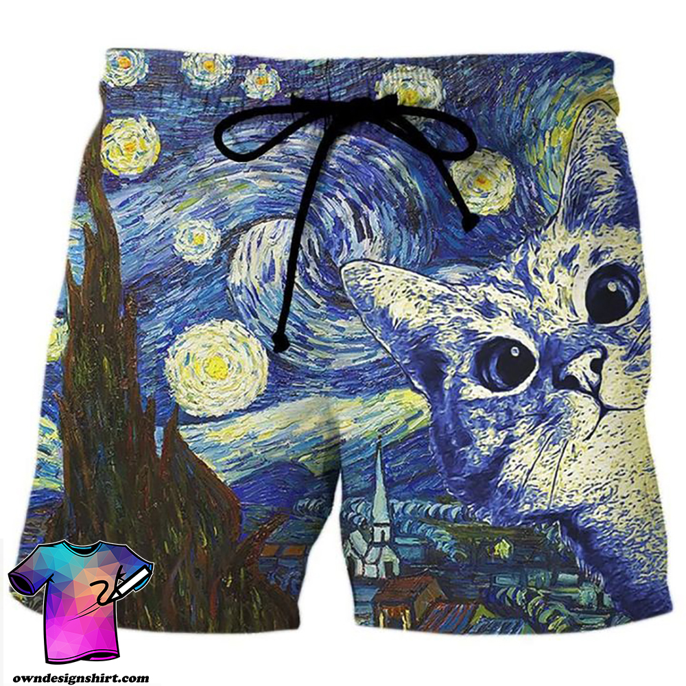 Vincent van gogh the starry night cat hawaiian shorts