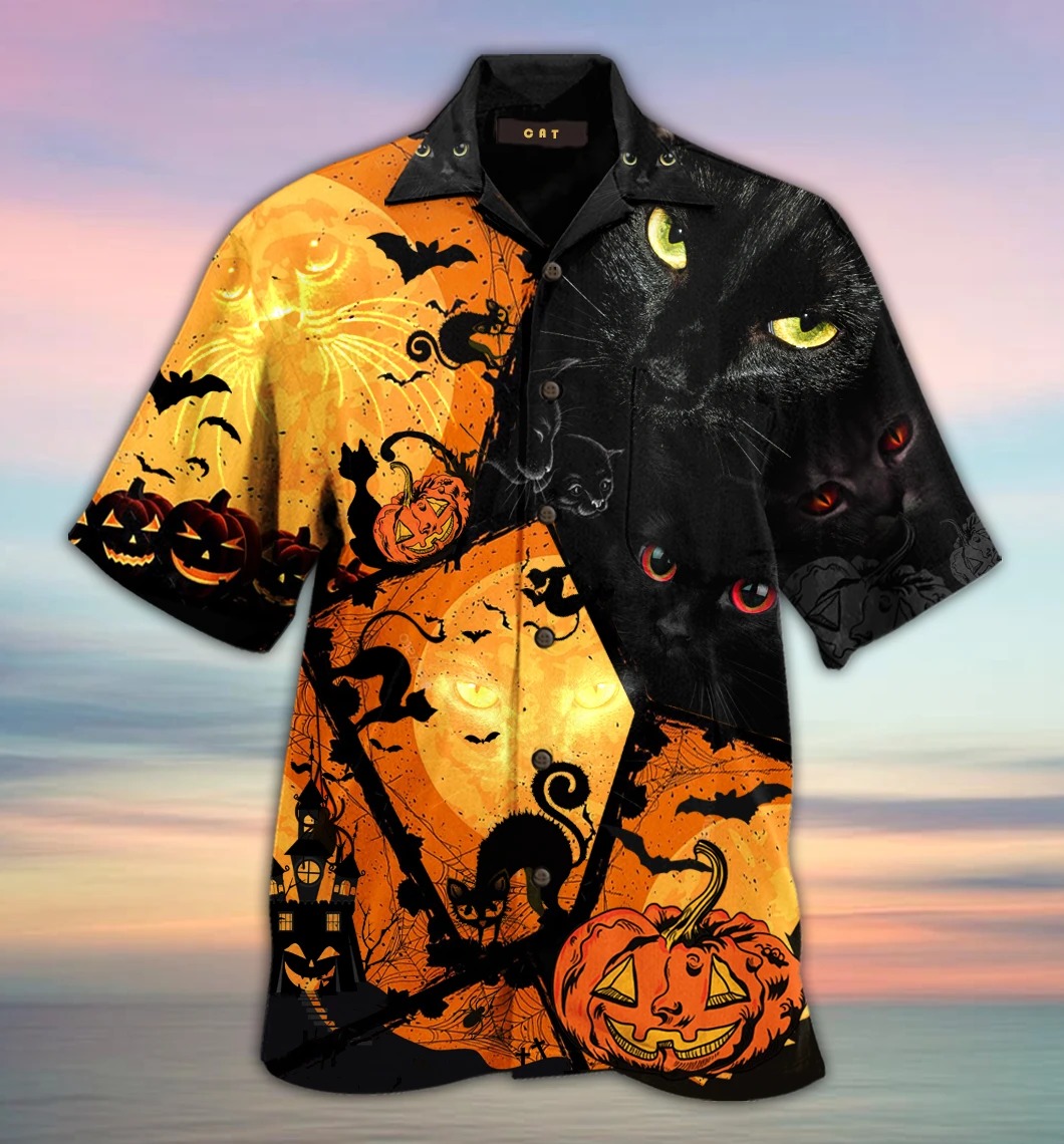 Black cat halloween unisex hawaiian shirt 1