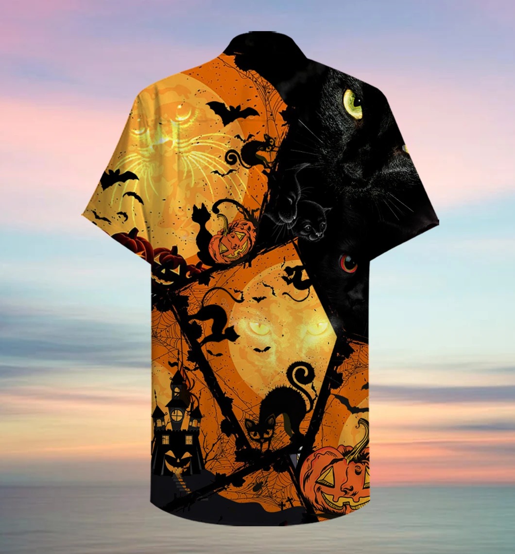 Black cat halloween unisex hawaiian shirt 2
