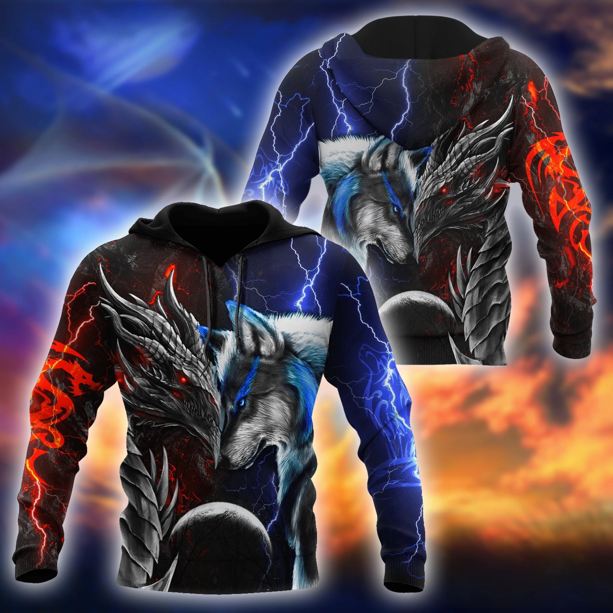Dragon and wolf all over printed 3d hoodie and shirt, sweatshirt