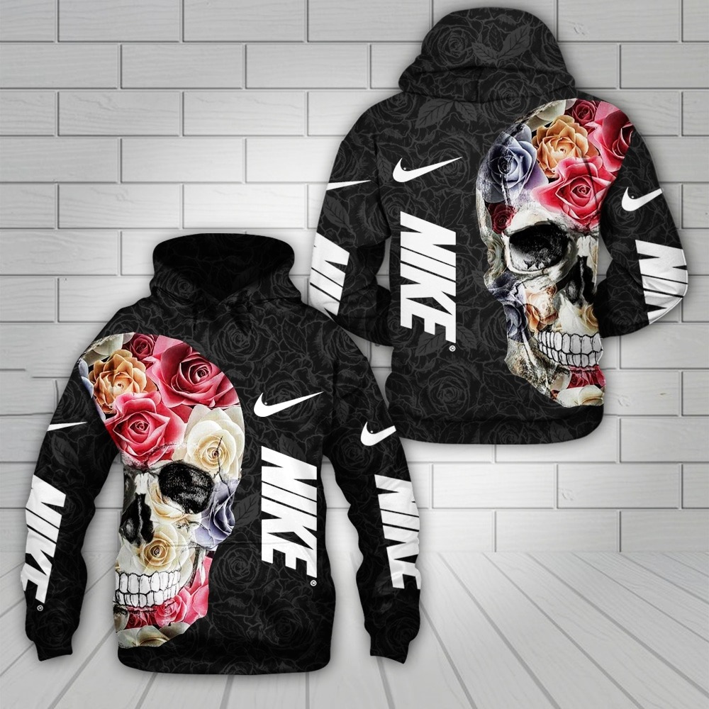 Flower skull nike all over printed 3d hoodie and pants 1