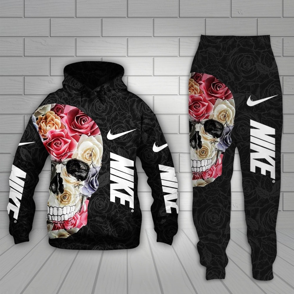 Flower skull nike all over printed 3d hoodie and pants
