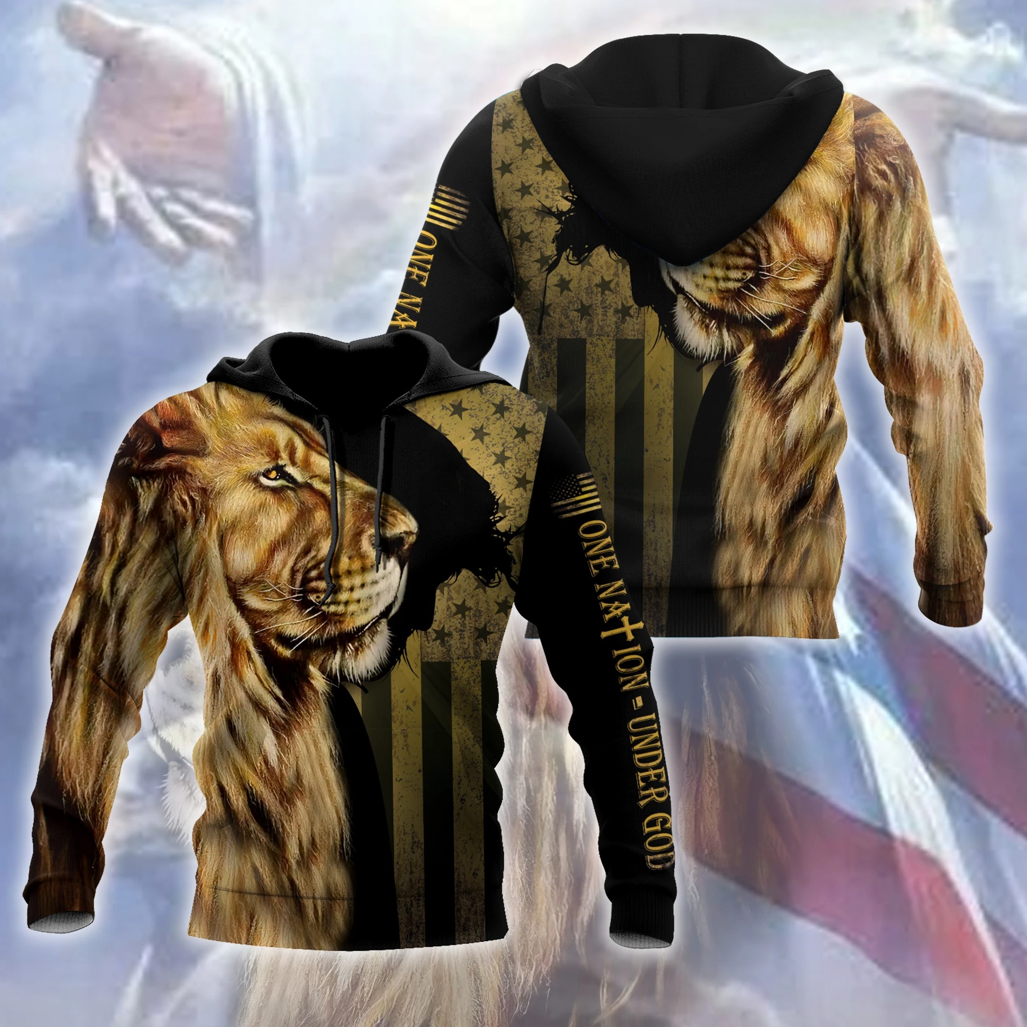 Lion one nation under god 3d all over printed hoodie